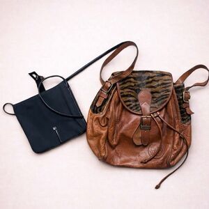 Vintage Brown Leather Backpack + DKNY Black Crossbody Bag | Boho Leather Backpac